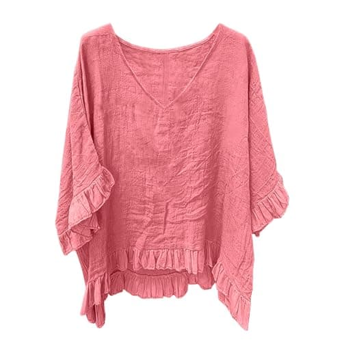 Womens Summer Tops 3/4 Sleeve, V Neck Casual Loose Fit Ruffle Sleeve Blouse for Women, Lightweight Trendy Flowy Vacation Women's T Shirt 2026 Pink XXL - Image 1