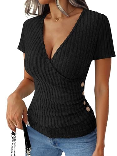 ANRABESS Shirts for Women V Neck Short Sleeve Sexy Top Ribbed Slim Fit Dressy Casual, 2026 Comfy Daily Wear & Going Out Black X-Large - Image 1