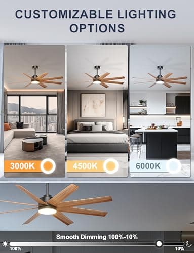 Ohniyou 60'' Ceiling Fan with Light - 8 Blades Modern Farmhouse Ceiling Fan Remote/APP Control, Dimmable, Covered Outdoor Fan for Patio, Living Room, Black+Wood Color - Thumbnail 3