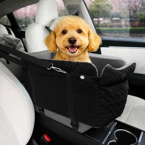 Bolfie Center Console Dog Car Seat for Small Dogs, Elevated Pet Booster Seat with Safety Leash & Pocket, Washable Puppy Car Seat, Stable Armrest Dog Bed for Small Dogs & Cats Under 15 lbs, Black