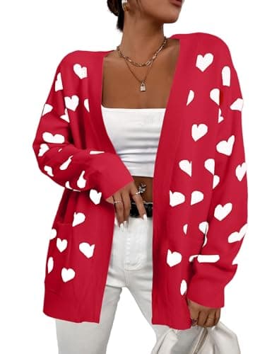Heart Cardigan Valentines Sweater Women: Valentine Cardigan Love Print Open Front Knit Sweaters Outwear with Pockets A Red - Image 1