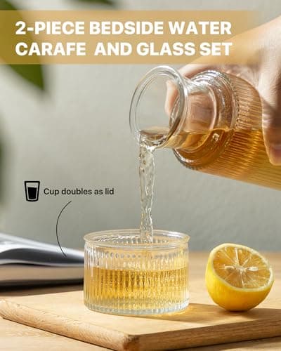 DmmyAlzx Bedside Water Carafe and Glass Set, Classic Vertical-Striped 27oz Glass Carafe with 7.1oz Tumbler Lid, Nightstand Water Pitcher, Bathroom Mouthwash Dispenser, Elegant Gift for Home & Office - Thumbnail 3
