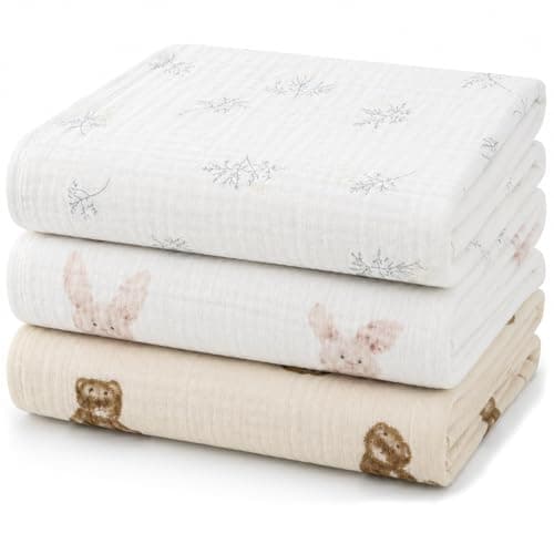 LIAORATELUO Muslin Burp Cloths 3-Pack, Large 20" x 10", 100% Cotton, Ultra-Absorbent for Newborns, Cute Neutral Prints, Multi-Use as Wash Cloths, Face Cloths & Baby Bibs