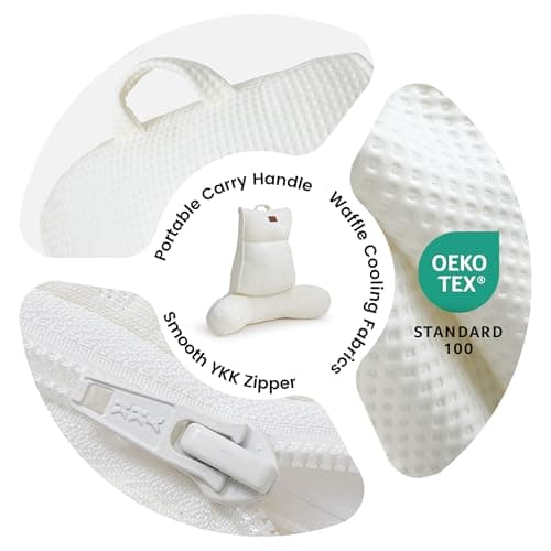 Amélie Home Cooling Reading Pillow with Arms for Adults, Breathable Waffle Fabric Bed Rest Pillow for Sitting Up, Ergonomic Back Support with Pockets for Gaming Relaxing, Ivory, 25 Inches - Thumbnail 6
