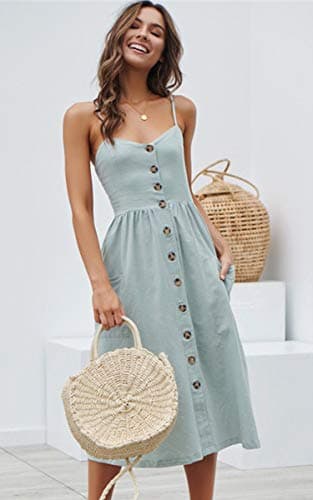Angashion Women's Dresses-Summer Floral Bohemian Spaghetti Strap Button Down Swing Midi Dress 182 Blue L - Thumbnail 2