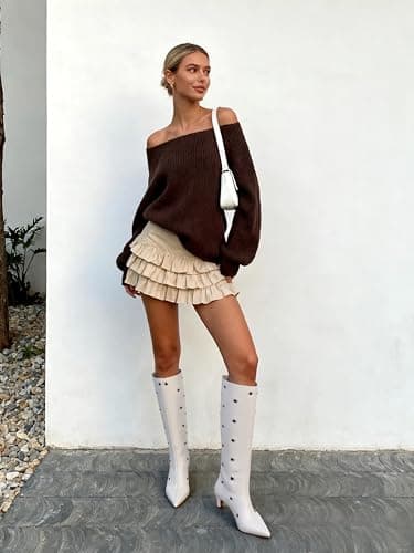 QIV White Studded Knee High Boots Women Pointed Toe Kitten Heel Mid Wide Calf Boots with Zipper Size 9 - Thumbnail 2