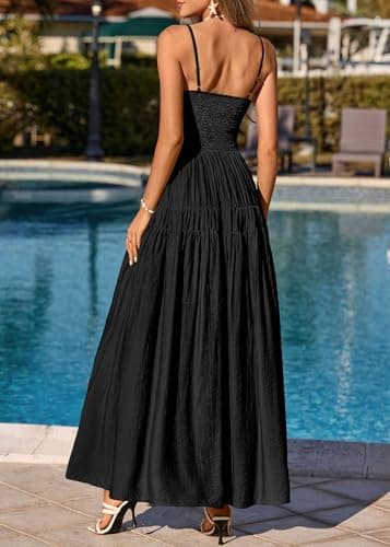 KIRUNDO Maxi Dresses for Women 2026 Summer Sleeveless Spaghetti Strap Long Flowy Beach Vacation Dress Boho A Line Sundress Black - Thumbnail 4