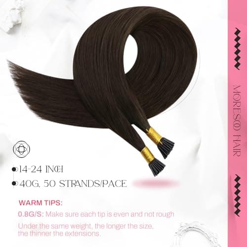 Moresoo Itip Hair Extensions Human Hair Dark Brown I Tips Hair Extensions Human Hair Soft Silky for Women 40g 50 strands I Tip Extensions Remy Hair 16 inch - Thumbnail 2