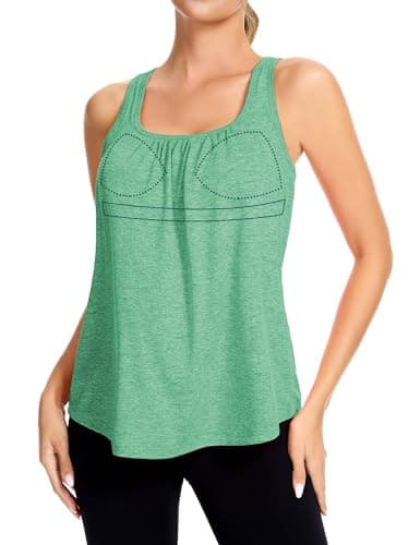 SLIMBELLE Mesh Racer Back Tank Tops Womens Gym Yoga Athletic Workout Tops Round Neck Sleeveless Loose Fit Cami with Built in Bra Green 2XL