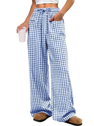 ANRABESS Womens Striped Gingham Pants 2026 Pajama Drawstring Wide Leg Lounge Plaid Pants Cute Casual Trousers with Pockets Blue White Plaid Medium - Image 1