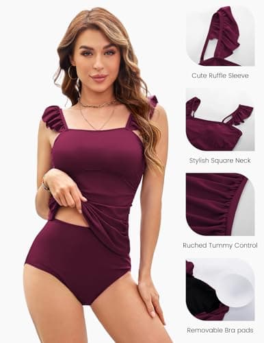 Kate Kasin 2025 Sleeveless Square Neck Two Piece Tankini Swimsuits for Women High Waisted Tummy Control Floral Swimwear Ruched Padded Bathing Burgundy S - Thumbnail 4