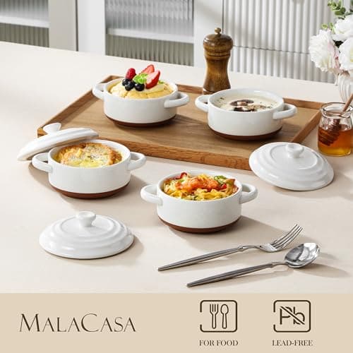 MALACASA Mini Cocotte Set - 12 OZ Small Casserole Dishes for Oven, Ramekins with Lids and Handles, Ceramic Mini Dutch Oven Set of 4, Microwave & Dishwasher Safe, Khaki White, Series TARA - Thumbnail 3
