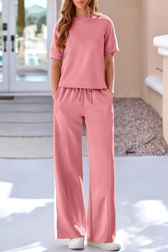 PRETTYGARDEN Women's 2 Piece Sets Summer Casual Short Sleeve Tops Wide Leg Pants Matching Lounge Set Vacation Travel Outfits (Pink,XL) - Thumbnail 4