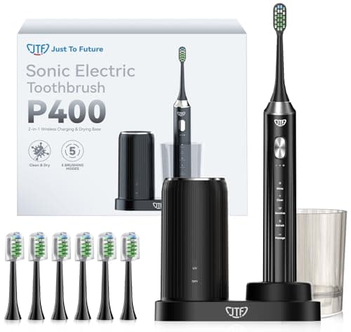 JTF Sonic Electric Toothbrush with UV Sanitizing & Drying: 5 Modes for Effective Yet Gentle Cleaning – with 6 Brush Heads, Rinse Cup, Wireless Charging Base, Rechargeable for Daily Care, Home & Travel - Image 1