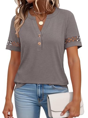ANRABESS Womens Short Sleeve Tops Henley V Neck Blouses Dressy Casual 2026 Summer Trendy Tee Shirts Work Business Outfits Gray Taupe Small - Image 1