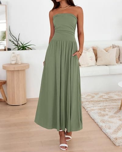 BTFBM Summer Maxi Dresses for Women 2026 Strapless Ruched Tube Top Beach Vacation Spring Wedding Guest Dress Pockets(Green, X-Large) - Thumbnail 4