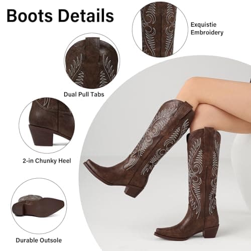 Erocalli Fashion Cowboy Boots for Women Knee High Embroidered Western Cowgirl Boots 2026 Spring - Wide Calf, Snip Toe, Pull On, Long Boot, Low Heel, Rodeo, Festival Ready, Country Style - Thumbnail 4