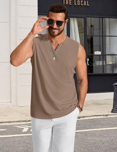 COOFANDY Mens Casual Knit Tank Sleeveless v Neck tee Shirts Textured Beach Breathable Tanks, Khaki, XX-Large - Thumbnail 6
