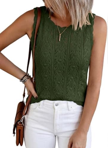 BTFBM Crochet Tank Tops for Women Hollow Out Sleeveless Loose Sweater Vest Top Summer Spring 2026 Beach Vacation Clothes(Army Green, X-Large) - Image 1