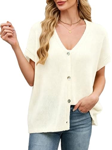 SunnyMelody Womens Oversized V Neck Batwing Cardigan Sweaters Top Beige - Image 1