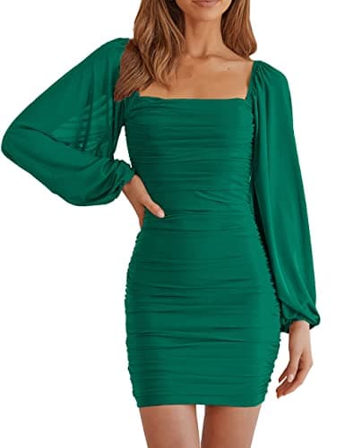 MEROKEETY Womens Long Sleeve Mesh Bodycon Cocktail Dress 2026 Square Neck Ruched Club Mini Dress DarkGreen Medium - Image 1