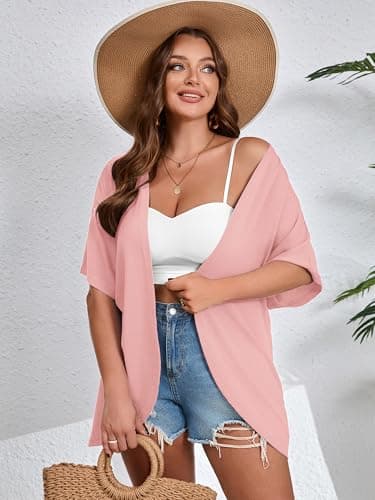 AusLook Women's Plus Size Short Sleeve Lightweight Open Front Cardigan Pink 1X Cover Ups Shrugs Shawls and Wraps Kimono Jacket Coat - Thumbnail 3