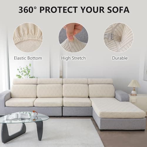 Genina 100% Waterproof Couch Cushion Covers for Pets - L Shape Chaise Lounge Cover Stretch Seat Chaise Couch Cover Jacquard Non Slip Sectional Couch Covers Sofa Slipcovers Washable (1 Piece, Ivory) - Thumbnail 6