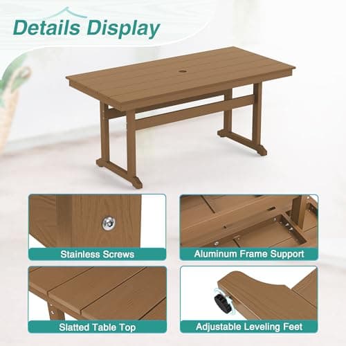 Homenjoy 7 Piece Patio Dining Set, 66" Rectangle HDPS Weather Resistant Outdoor Table & 6 Patio Chairs Set with 1.96" Umbrella Hole, Heavy Duty Chairs for Backyard Balcony Deck, Brown - Thumbnail 6