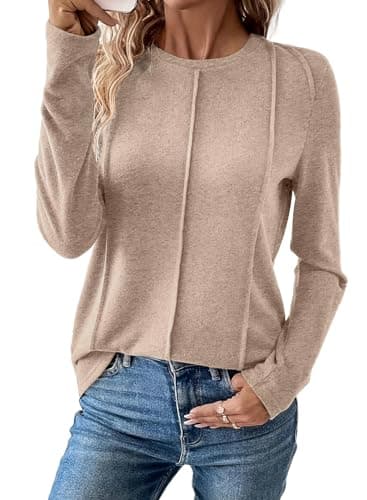EVALESS Womens Long Sleeve Dressy Casual Going Out Tops Blouses 2025 Spring Summer Fall Crewneck Pleated Basic T Shirts Loose Plain Outfits Clothes,Parchment Medium - Image 1