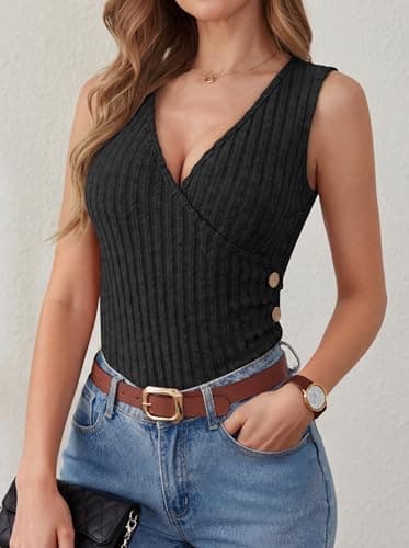 ANRABESS Tank Tops for Women V Neck Sleeveless Sexy Top Ribbed Slim Fitted Tanks, 2026 Casual Summer Daily Wear & Going Out Black Small - Thumbnail 3