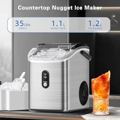 Antarctic Star Nugget Ice Maker Countertop with Handle, Stainless Steel, 35Lbs/24Hrs,7 Mins Ice Making, Pellet Ice Maker with Ice Basket/Ice Scoop for Home/Bar/Party/Office - Thumbnail 3