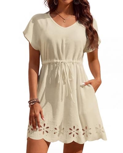 Bsubseach Swimsuit Coverup for Women V Neck Beach Cover Ups with Pockets Drawstring Swim Cover Up Dresses Apricot XL - Image 1