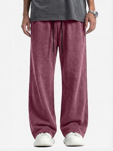 JMIERR Men's Wide Leg Pants Casual Trousers Acid Washed Baggy Cotton Hip Hop Drawstring Streetwear Sweatpants with Pockets, 2XL, Burgundy - Thumbnail 4