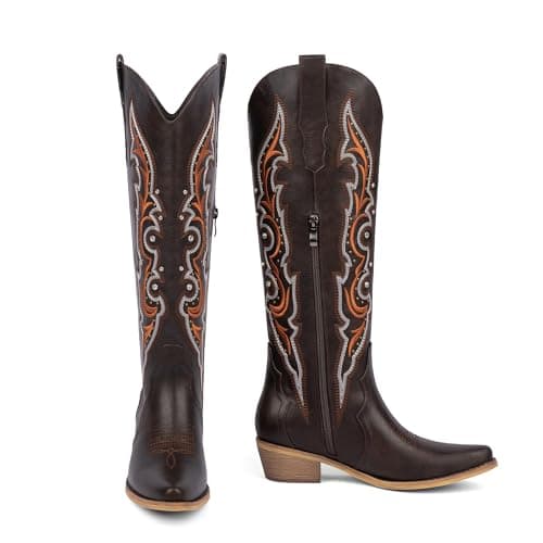 QIY Cowboy Cowgirl Boots for Women Dark Brown Knee High Cowgirl Rhinestone Sparkly Western Embroidered Tall Cowboy Boots Womens with Chunky Low Heel Pointed Almond Toe Chocolate Brown Size 6 - Thumbnail 4