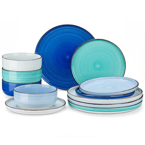 vancasso Bonita Blue Dinnerware Sets, Plates and Bowls Set for 4, 12 Pieces Stoneware Dinnerware Set, Dishwasher and Microwave Safe - Image 1