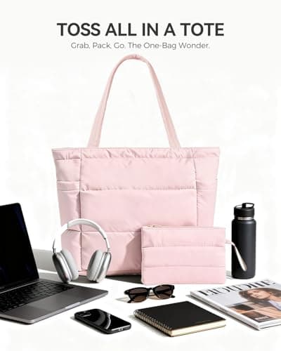 Moyad Puffer Tote Bag for Women, Quilted Work Bags with Compartments, Puffy Handbag for Everyday, Work, Travel, Gym, Pink - Thumbnail 6