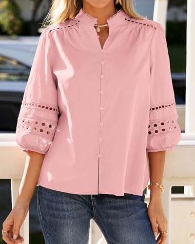 BTFBM Summer Tops for Women 2026 Eyelet Top 3/4 Length Sleeve Dressy Casual Blouses Spring Boho Button Down Shirts(Pink, XX-Large) - Thumbnail 5