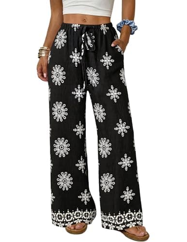 LOOKBOHO Women's Pants Drawstring Casual Palazzo Trousers with Pockets Loose High Waisted Wide Leg Pants with Pockets Black Floral L - Image 1