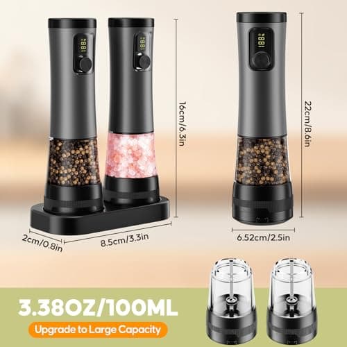 Electric Salt and Pepper Grinder Set - Rechargeable Salt Grinder with Led Power Display - Automatic Pepper Grinder with Storage Base - Pepper Mill with Light for Kitchen - Thumbnail 5