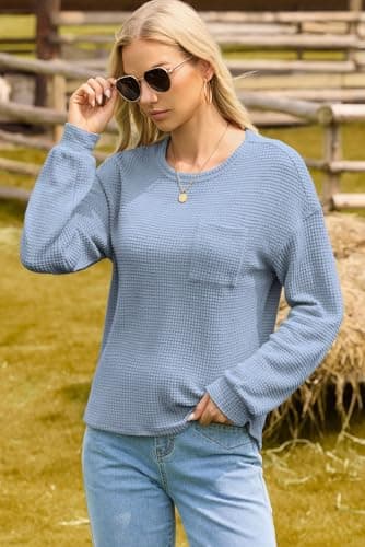 Dokotoo Women's Fashion Clothing Clothes Womens Tops 2026 Spring Long Sleeve Tops Waffle Top for Women Crewneck Sweaters Trendy T Shirts Casual Womens Basic Shirts Dusk Blue - Thumbnail 4