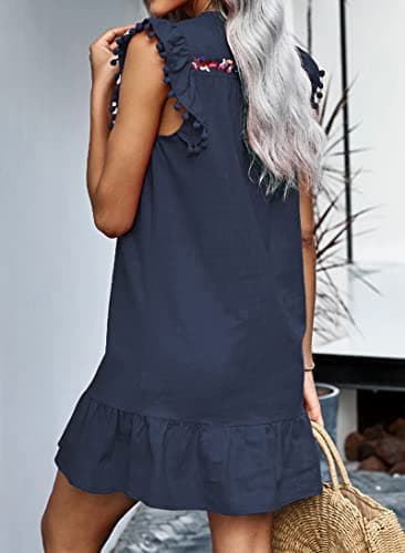 KIRUNDO Women's 2026 Summer Mini Dress Spring Casual V Neck Floral Embroidered Ruffle Sleeveless Shift Flowy Boho Dress (B-Navy, Medium) - Thumbnail 5