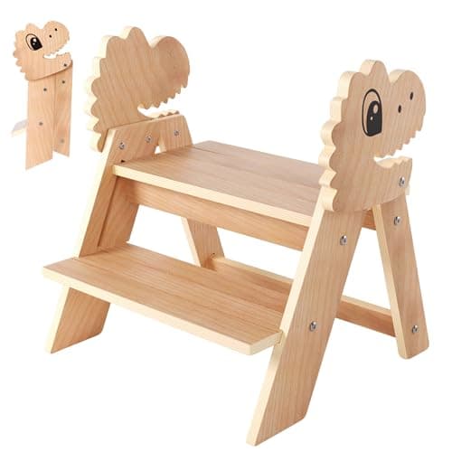 Novarieth Beech Wooden Toddler Step Stool, 2-Step Foldable Stool for Kids with Non-Slip Surface, Baby Bathroom Stool for Potty Training, Bathroom Sink, Kitchen Counter with Cute Dinosaur Design