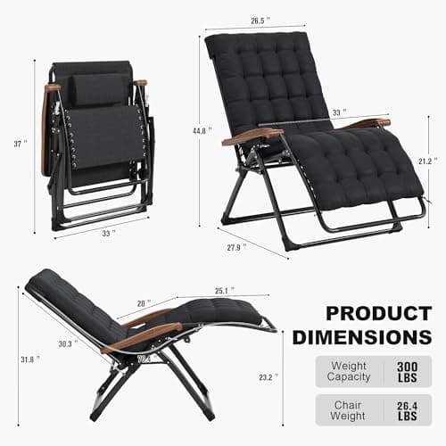 PURPLE LEAF Extra Wide Outdoor Reclining Chair Patio Zero Gravity Chaise Lounge Folding Chair with Removable Cushion Adjustable Headrest for Lawn Camping Beach Pool Black - Thumbnail 2