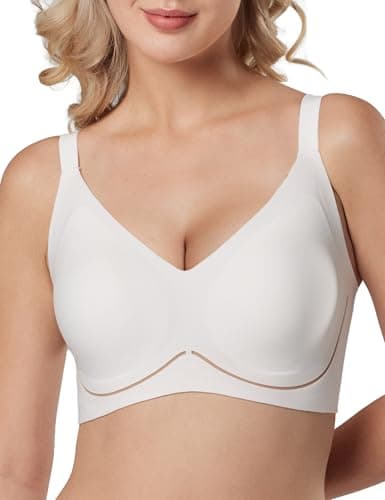 Tarbo Wireless Bras for Women No Underwire - Seamless Jelly Bra Everyday Comfort T-Shirt Bra Breathable Mesh V Neck Bra Light Support Invisible Fit Back Smoothing Adjustable Straps White XL - Image 1