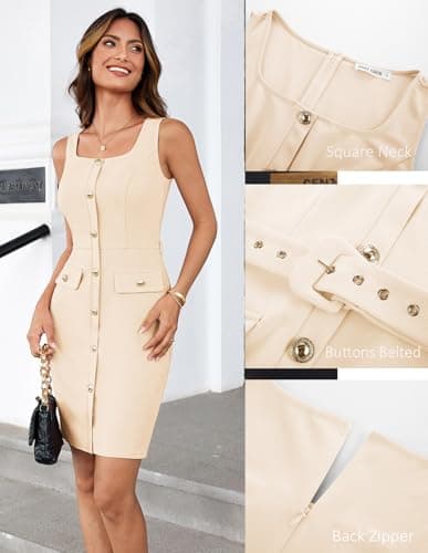 GRACE KARIN Women Business Work Dress Sleeveless Buttons Belted Square Neck Bodycon Midi Dress Apricot XXL - Thumbnail 4