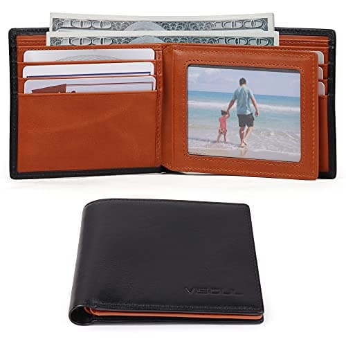 VISOUL Mens Bifold Wallet with 2 ID Windows and 2 Money Compartments, Genuine Leather Designer Wallet with RFID Blocking, Stylish Two-tone Back Wallet for Men (Black and Orange) - Thumbnail 3