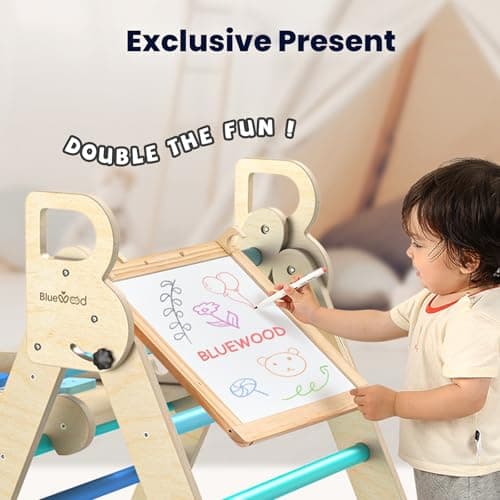 BlueWood Pikler Triangle Set with Cushion, 8-in-1 Foldable Wooden Toddler Climbing Toys Indoor Playground Jungle Gym Montessori Philosophy Climber for 2-6 Years Old, Baby, Kids (Sky Blue) - Thumbnail 6