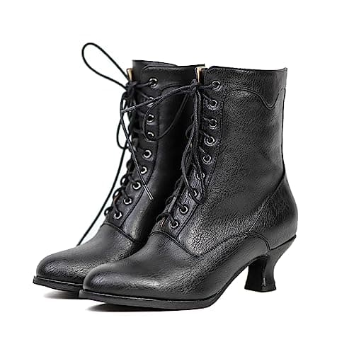 Yremael Women's Black Ankle Victorian Round Toe Boots Kitten Low Heel Lace Up Witch Boots - Image 1
