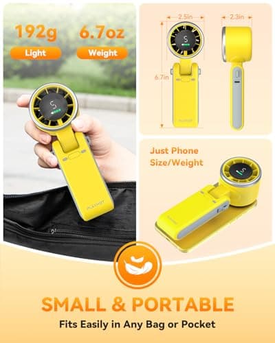 PlayHot Portable Handheld Turbo Fan, 5-Speed Personal Fan, USB-C Rechargeable Fan Up to 12 Hours, 3 IN 1 Hand Fan with Air Turbo Tech Cooling, Travel Fan for Cruise, Beach, Gifts for Women (Yellow) - Thumbnail 6