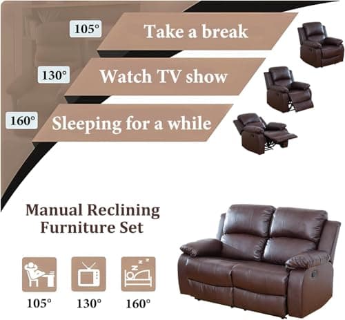 FUOROLA 3 Seater Manual Recliner Sofa, Brown, Bonded Leather, High-Density Foam, Solid Wood Frame, Reclining Couch for Living Room, Home Theater (Brown) - Thumbnail 5